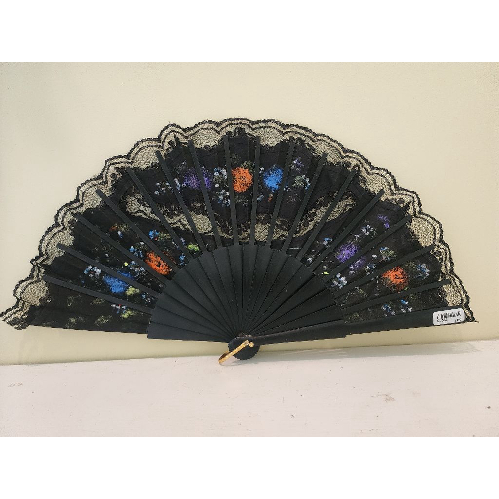 Handpainted Black Lace Hand Fan Multicolor - Picture 3 of 4